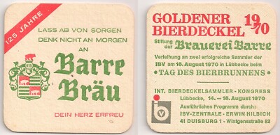Barre Bräu, Lübbecke - alter Bierdeckel ''Goldener Bierdeckel 1970''