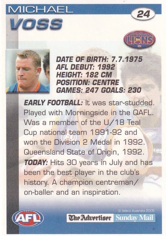 AFL 2005 The Advertiser Brisbane Lions - Michael Voss Card No.24 - image 2 of 2