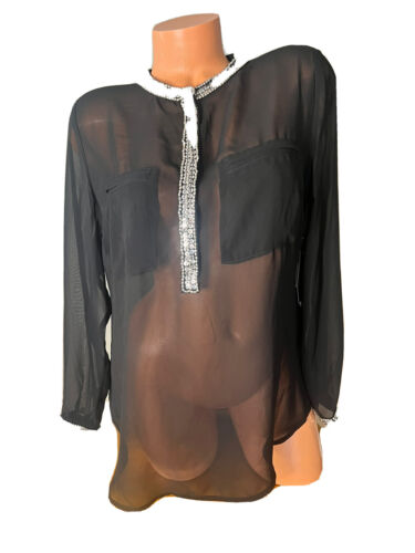 A.N.A. NEW Sheer Top L Black Peite PL Beaded Blouse Party/Cocktail