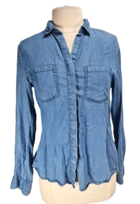THREAD SUPPLY Womens Button Up Top Size S Blue Chambray Back Slit Long SLV  300A