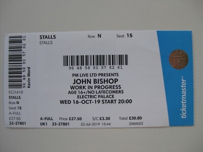 JOHN BISHOP ELECTRIC PALACE 16.10.2019 ALTES TICKET