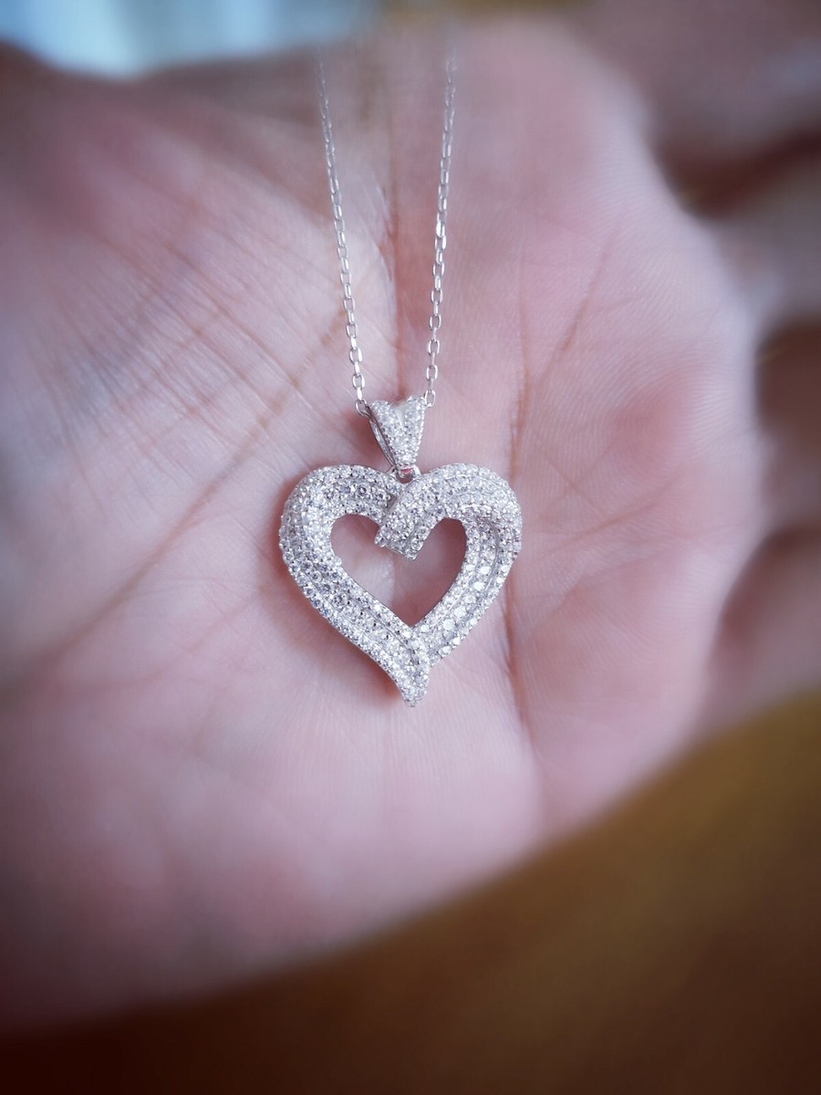 14K White Gold Plated Sterling Silver Heart Pendant Necklace – 2 Ct Simulated Diamond, 18”, Handmade