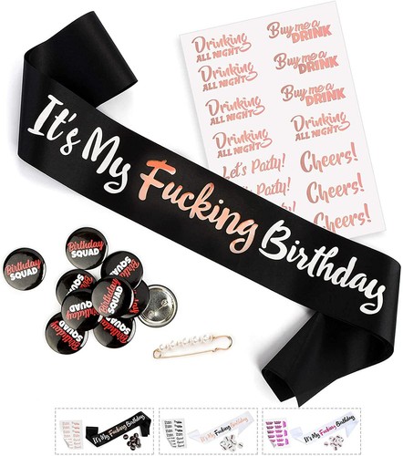 27pcs Birthday Sash, Buttons and Tattoos Kit - Rose Gold Birthday Squad Set Punk
