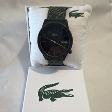 Lacoste mens Quartz Analog Round Black Dial Black Silicone Strap 50m plus Box