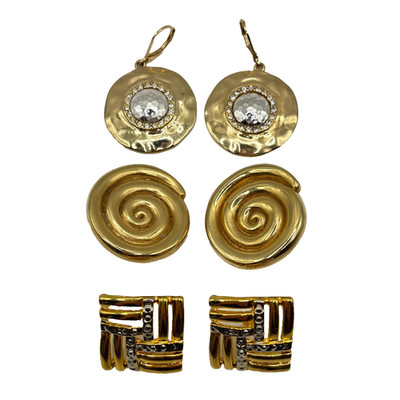 Vintage 1980s Couture Style Earrings Lot 3 Pairs Gold Tone Spiral Dangle Runway