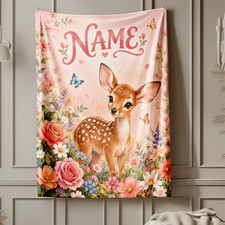 Floral Fawn 2 Coral Fleece Blanket Personalized Woodland Nursery Decor