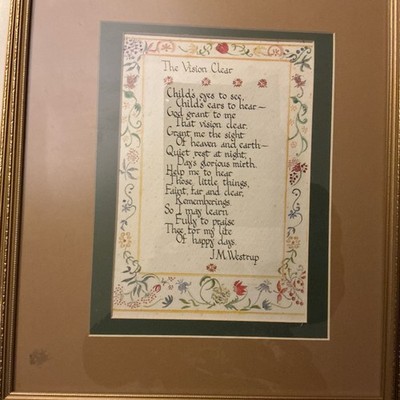 Gerahmtes Gedicht Die Vision klar von J M Westrup. Handgemalt & geschrieben in Tinte 15x13