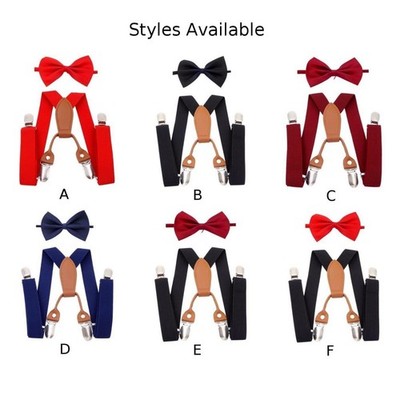 Kids Adjustable Suspenders with Bow Tie Set 4 Clips Unisex Elastic Strap