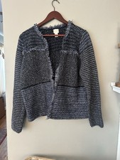 Chico s Size 2 Blue Black Fringe Tweed Knit Open Front Jacket Cardigan Women s