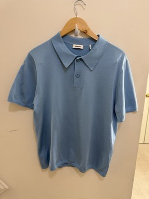 Sandro Paris Knitted Polo Shirt Short Sleeve Light Blue Stretch Men's Large