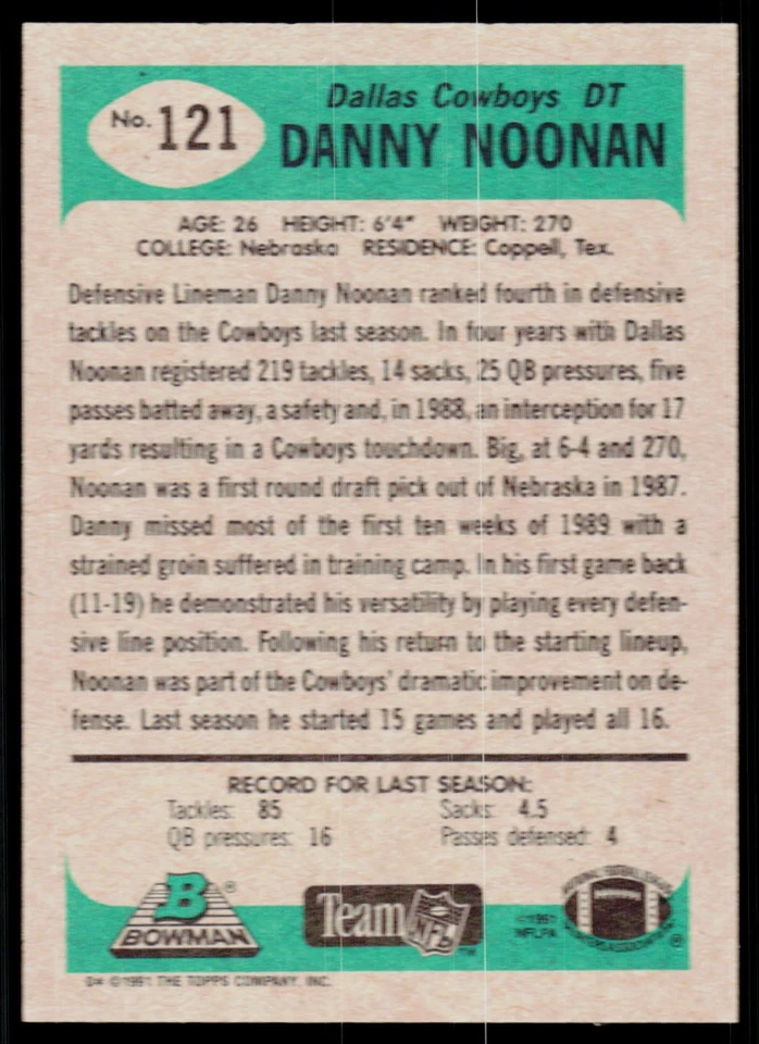 Danny Noonan, 1991 Bowman, #121, Dallas Cowboys, - Image 2 of 2