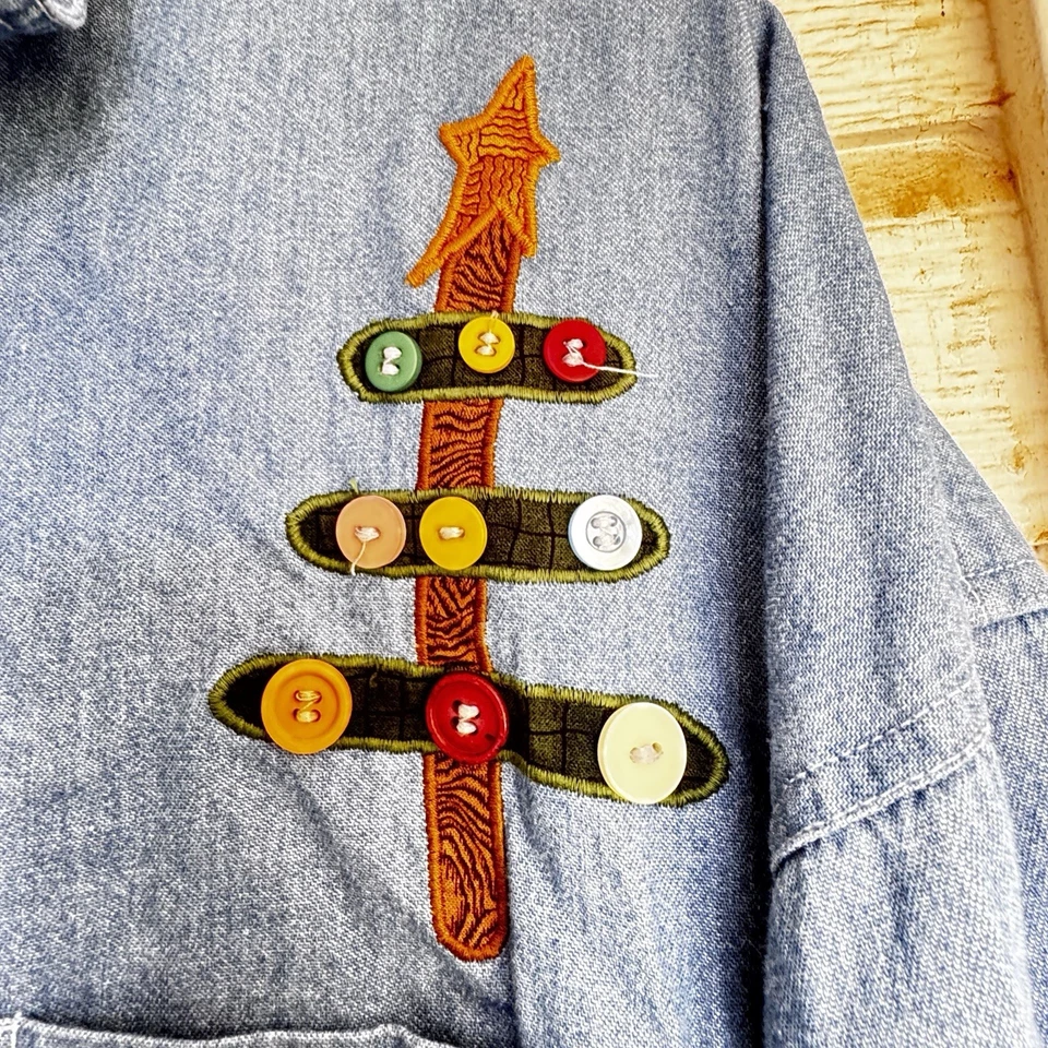 Y2K Blue Diamond XL Ugly CHRISTMAS DENIM SHIRT Embroidered buttoned Tree Santa - Image 2 of 4