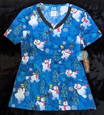 Xs Ladies Christmas Tooniforms Frosty The Snowman V-Neck Print Scrub Top