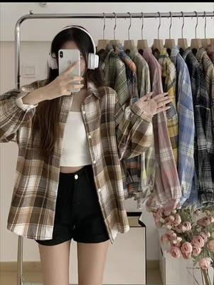 Kariertes Damen Hemd Oberteil Langarm Vintage Mode schlicht Knopfleiste 