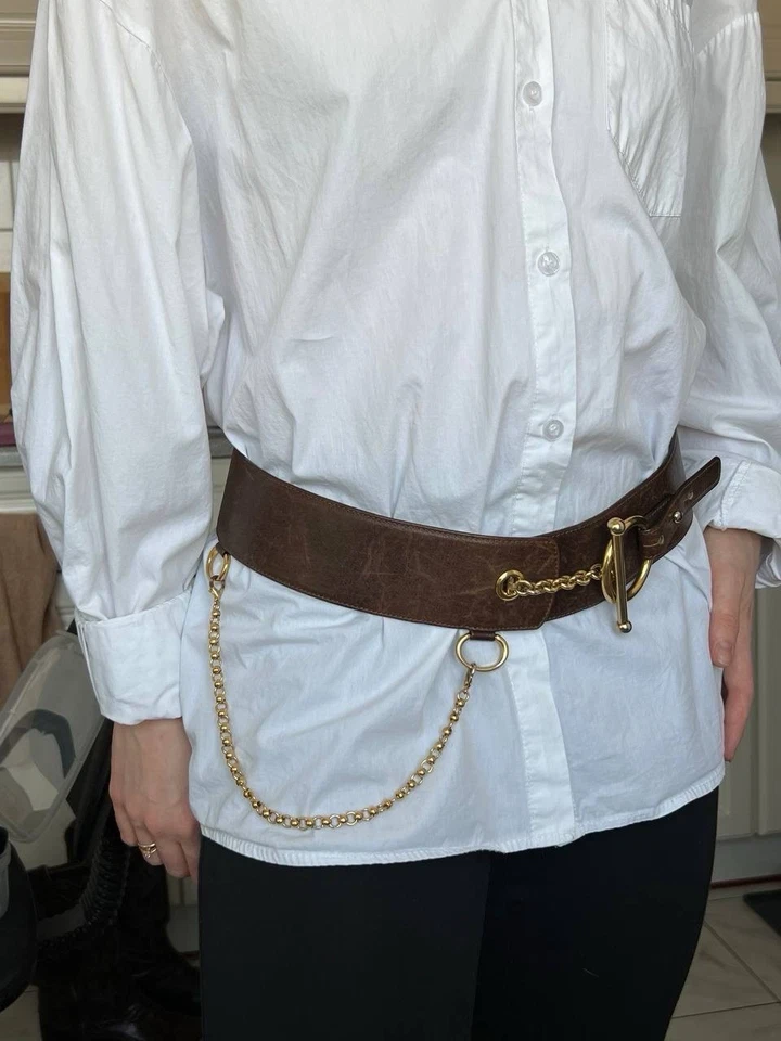 MARNI Belt Womens Large Leather Brown Gold Meal Details Ring Buckle Chain Italy - Image 4 of 4