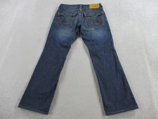True Religion Jeans Mens 32x34 Blue Distressed Straight Leg USA Ricky World Tour
