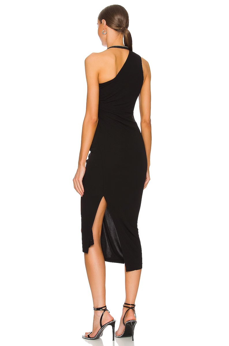 Helmut Lang Asymmetrical Zip One Shoulder Stretch Crepe Midi Helmut Lang Asymmetrical Zip One Shoulder Stretch Crepe Midi