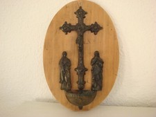 Antiker Art Jesus am Kreuz aus Metall auf Holz Oval Weihwasser Beh&auml;lter