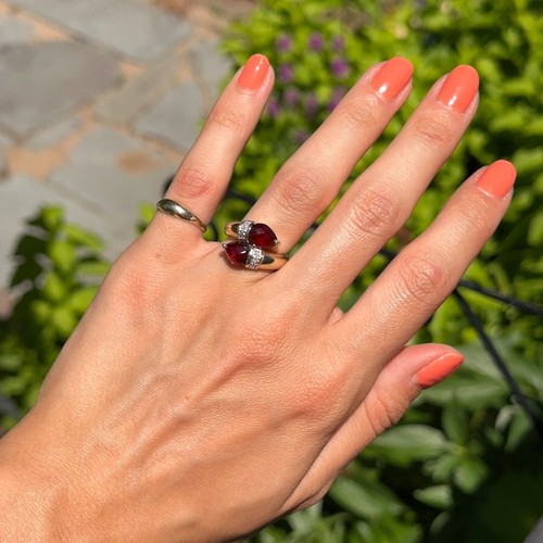 Estate Vintage 14KT Yellow Gold Pear Shape Garnet + Diamond Accent Bypass Ring - Picture 9 of 9