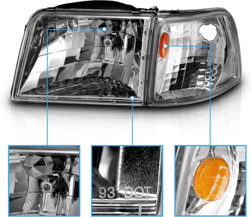 For 1993-1997 Ford Ranger Chrome Housing Headlights+Corner Turn Signal Lamps Set - Image 3 of 4