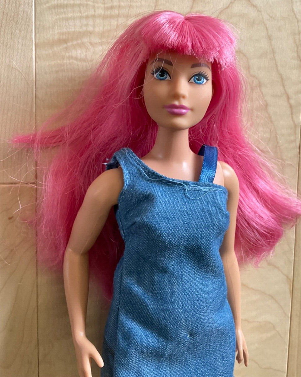 Pink hair curvy Barbie Dreamhouse Adventures Daisy Doll, denim dress