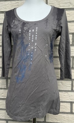 ESPRIT-Damen Long Shirt-langer Arm-vorn mit Print und Pailletten-grau-Gr.  L-NEU