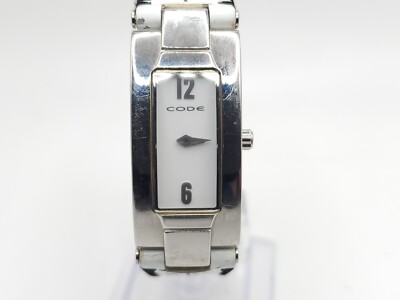 Code Quartz Womens Watch New Battery Siver Tone White Dial Rectangle 17mm