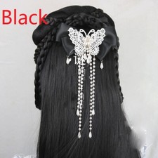 Lady Chinese Hairpin Bow Faux Pearl Hair Clip Lace Butterfly Fringe Headdress