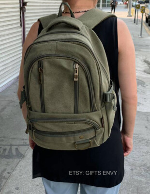 12x15 Green Canvas Unisex Backpack Sport Rucksack Canvas Travel School Backpack