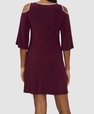 msk red dress MSK Women's Red Round Neckline Embellished Cold-Shoulder A-Line Dress Size M