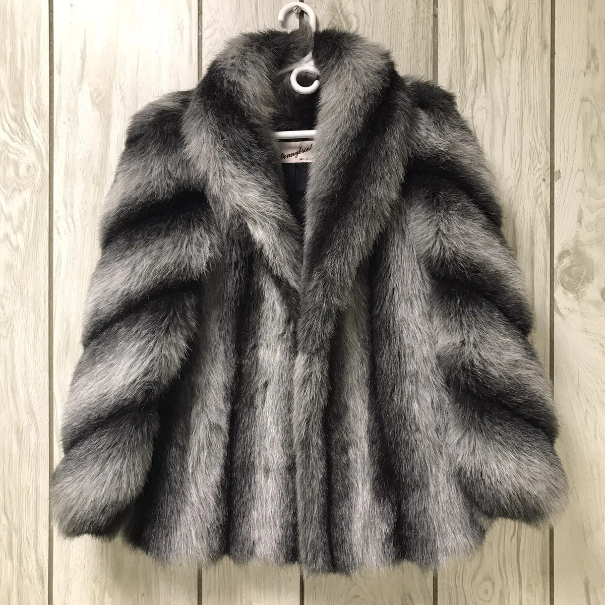 Vintage Donnybrook Gray Black Faux Fox Fur Oversized Coat Union Made ILGWU USA 9