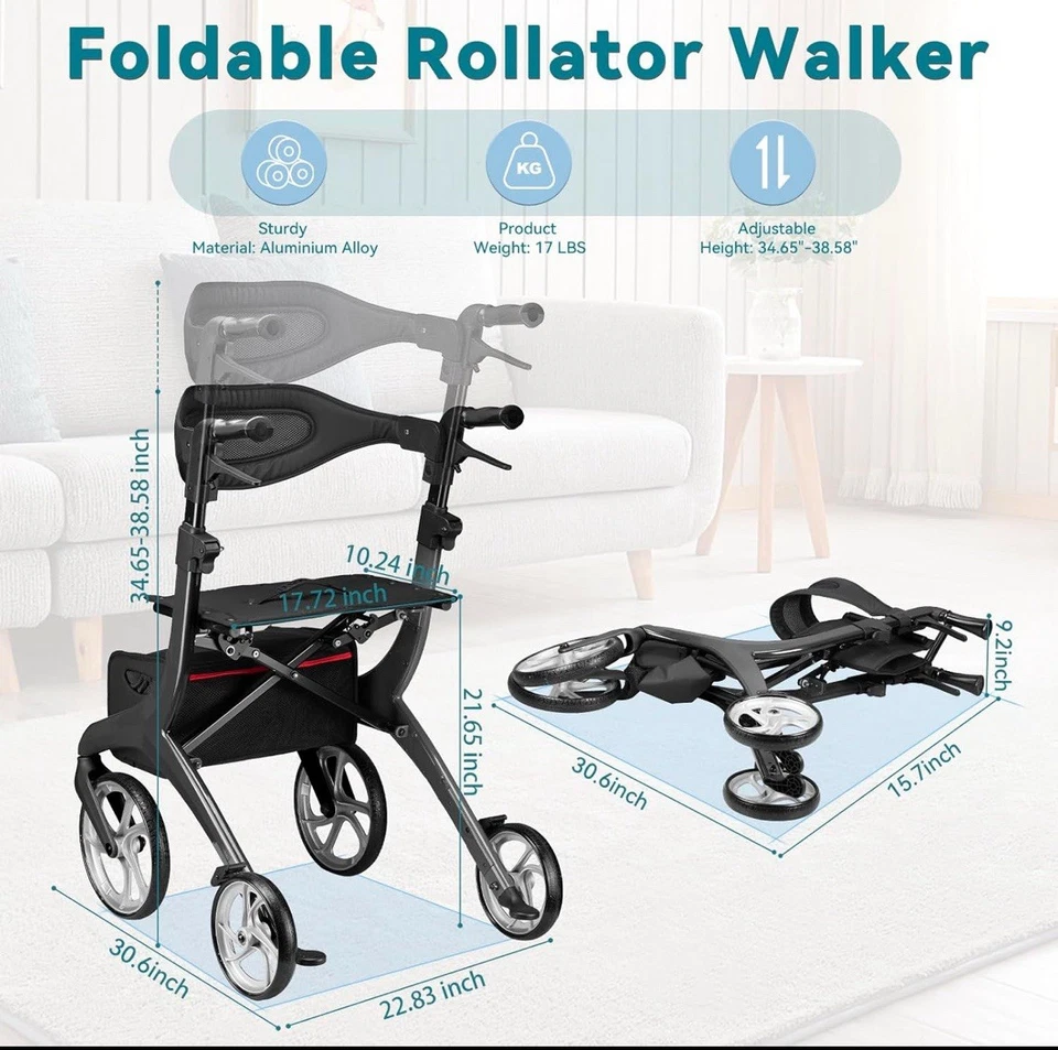 New Rollator Walker For Seniors With Seat And Brakes All-Terrain  (RED COLOR) - Image 4 of 4