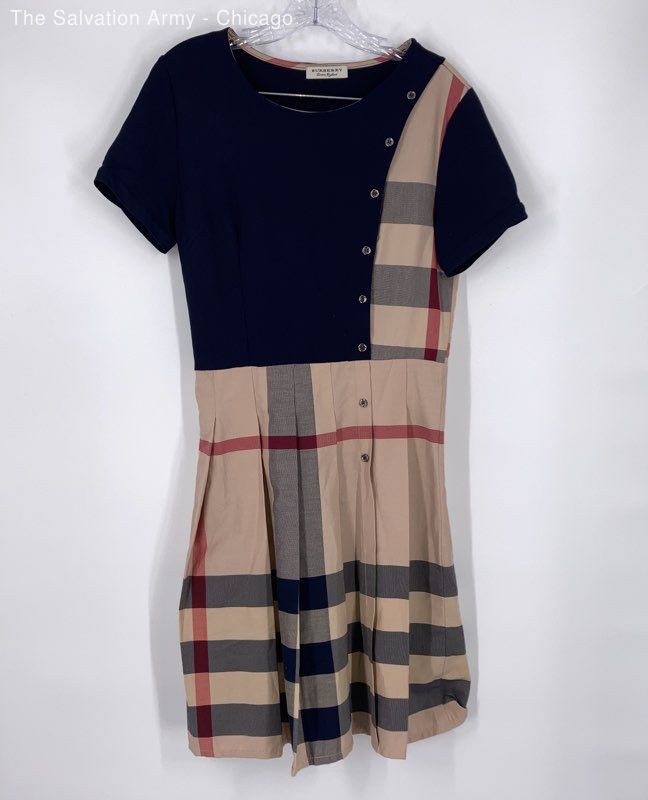 Burberry Womens Navy Blue Beige Plaid Cashmere Shift Dress Size Large