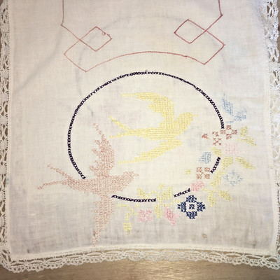 Vintage Hand Made Table Runner Birds And Flowers Motif Aprox 41 X19  Check Desc.