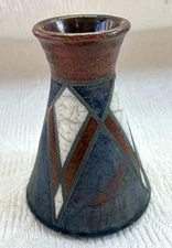 Raku Studio Art Pottery Vase Geometric Brown Blue Signed Pamela Ryan 4" Tall