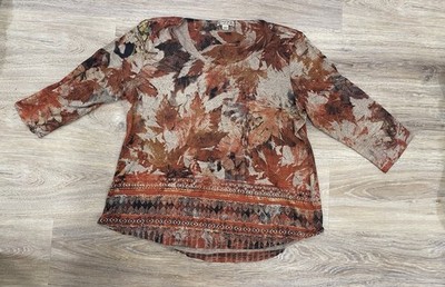 Energy World Wear Top Fall Leaves 3/4 Sleeves Soft Stretch