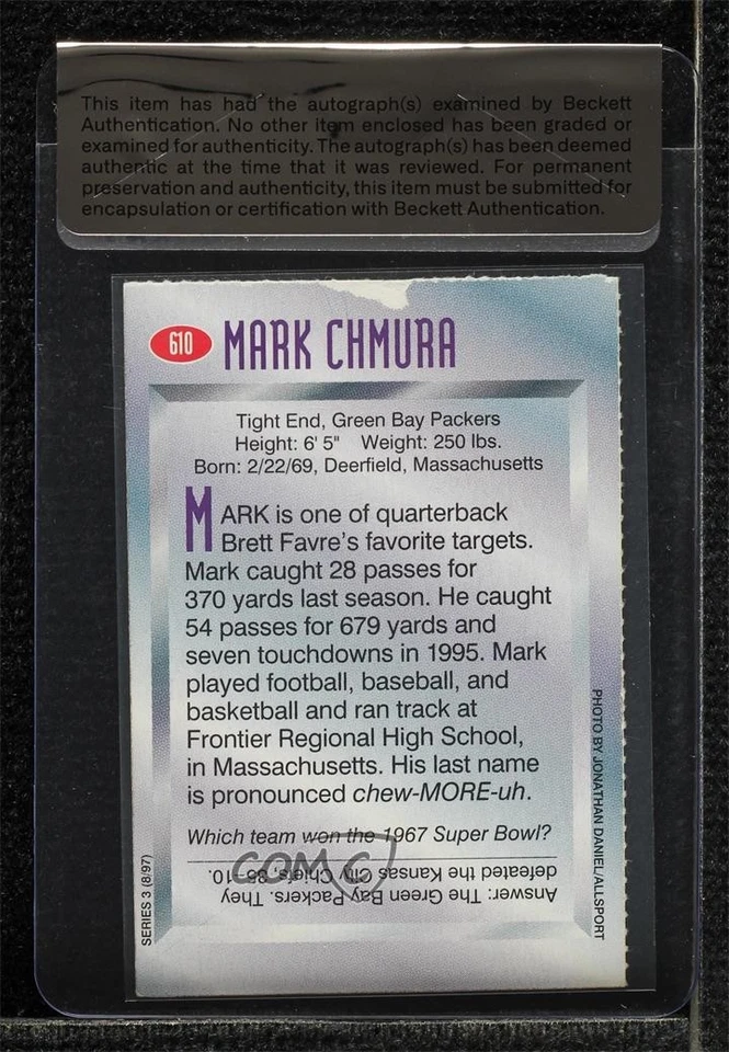 BAS 1997 Sports Illustrated for Kids Series 2 Mark Chmura Seal of Authenticity - Image 2 of 2