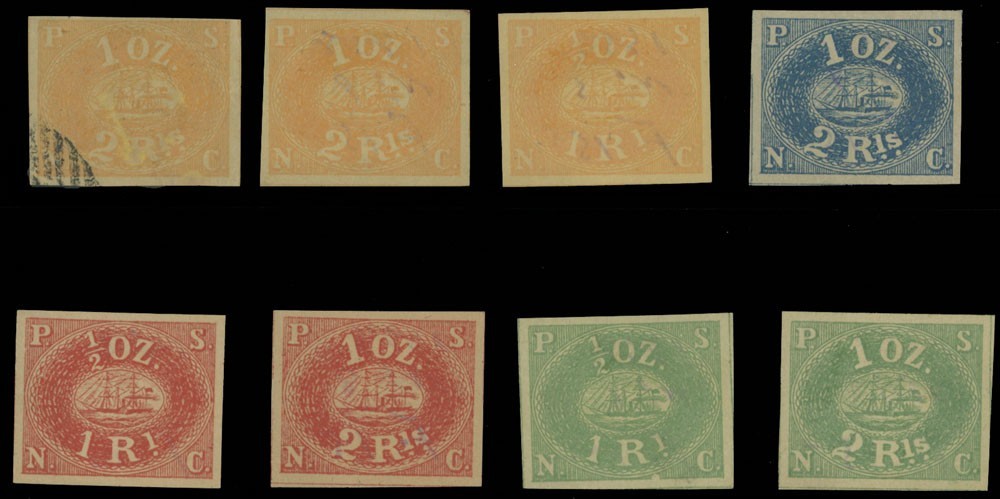 1857 PERU PACIFIC STEAM NAVIGATION COMPANY, 8 SPIRO FORGERIES ON COLORED PAPER