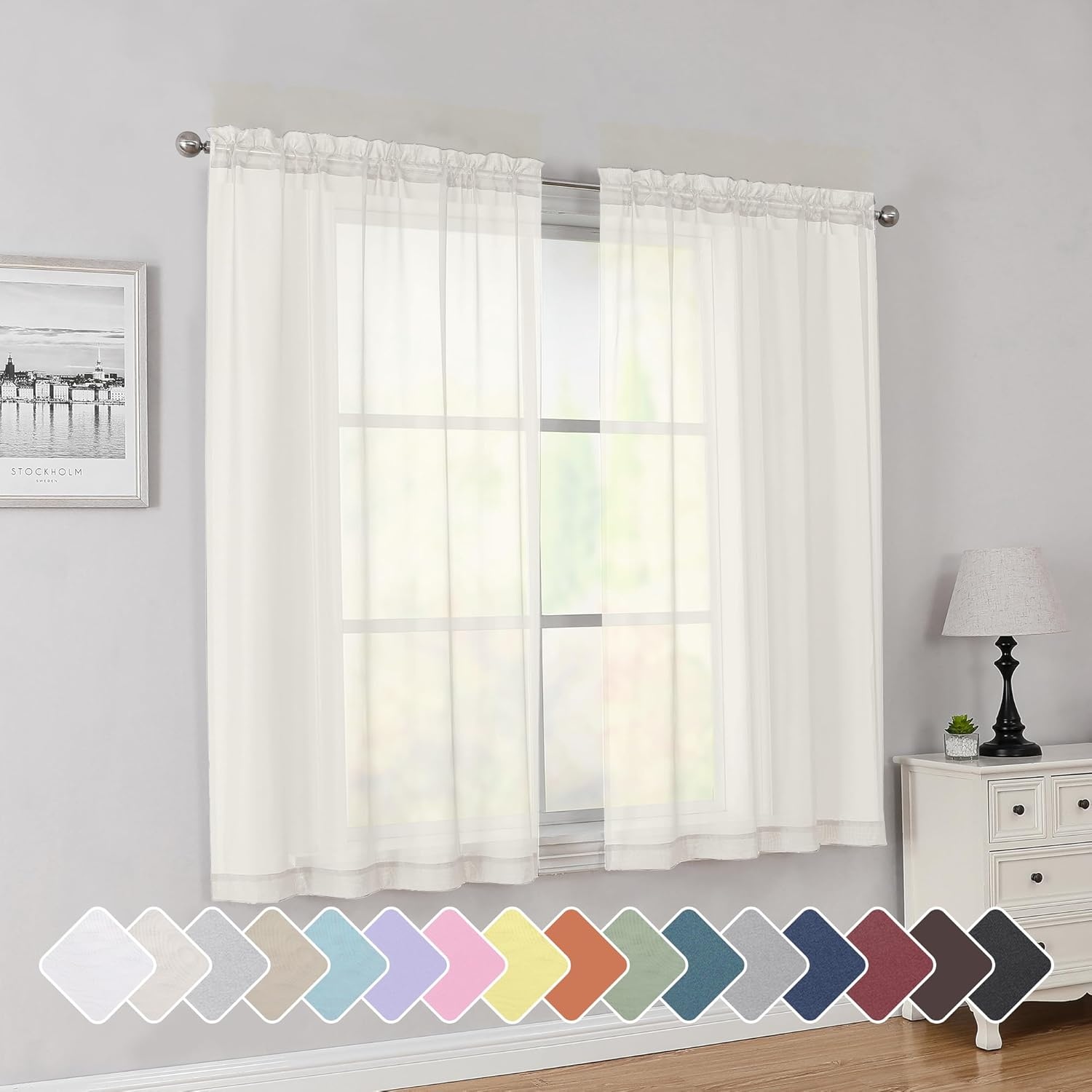 Ivory Short Sheer Curtains 45 Inch Length for Small Windows, Rod Pocket 2 Panels