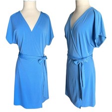 Nine West Light Blue V Neck Sash Belt Short Sleeve Wrap Dress Womens Size Large