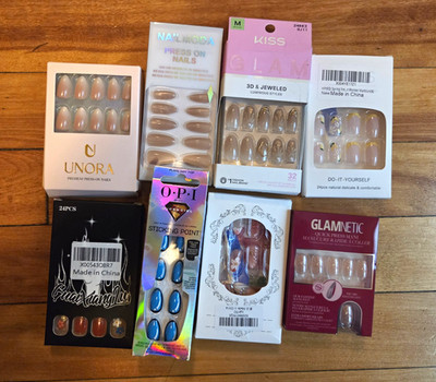Mixed Brands Press-On Nails Lot, Medium Oval 3D Floral Self-Adhesive Multi