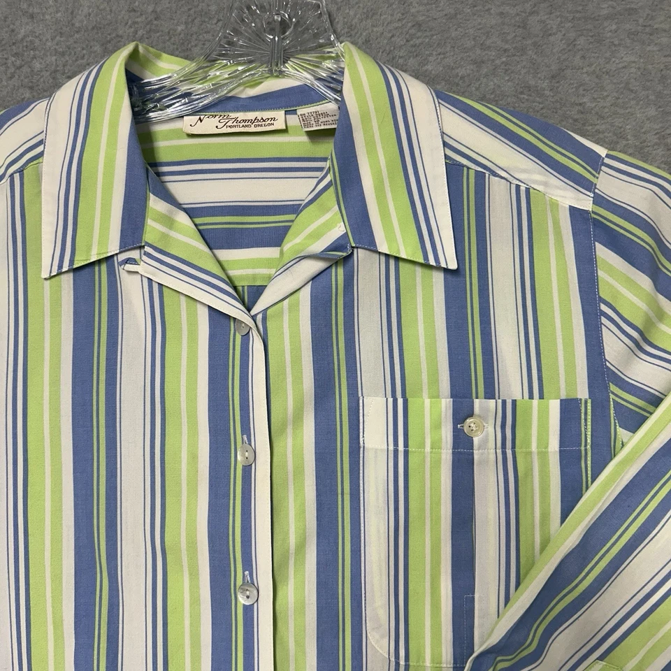 Blusa Camisa Top De Colección Norm Thompson Abotonada Damas Talla 10 Azul Suave Verde Rayas Foto 4 de 4