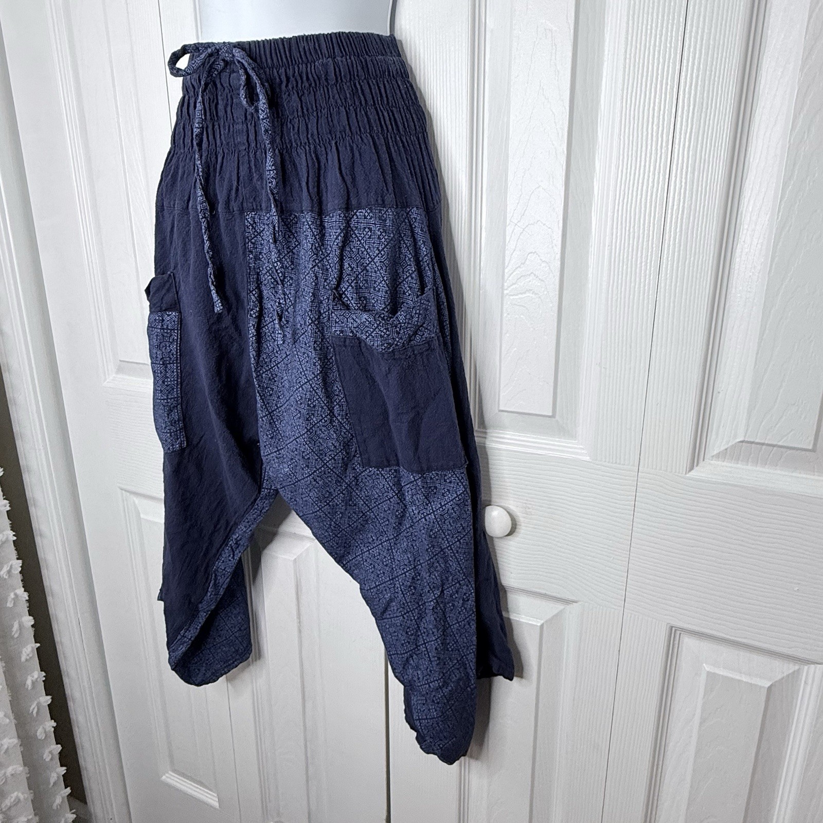 Boho Harem Pants Navy Blue Patchwork Elastic Wais… - image 2