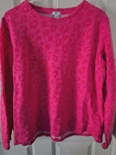 Crown & Ivy Top Size L Pink Long Sleeve Round Neck Puffed Cheetah Print 