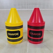 1980's Deka Crayola Crayon Plastic Mug Lid Cup Yellow And Red THREE STRIPE Lot