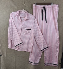 Victorias Secret Satin Pajama Set Sz L Pink Striped Pockets Lounge Lightweight