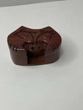 Exotic Woods Nature Arts Original Hand Carved Cat Face Puzzle Box Velvet Lined