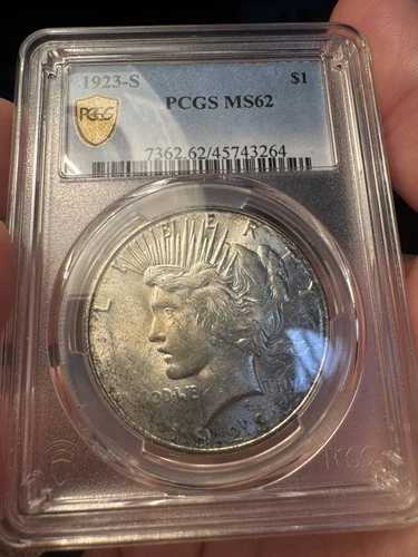 1923 S Peace Silver Dollar PCGS MS62 Gold Shield, Flashy