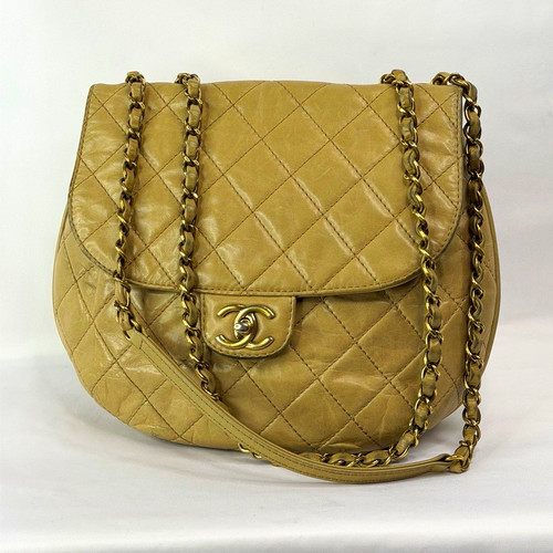 CHANEL Beige Bubble CC Flap Quilted Leather Shoulder Bag CC Turn Lock Gold Chain