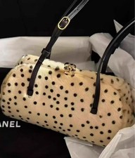 Auth Chanel Leopard Polka Dot Fur Handbag Calfskin Strap Gold Hardware CC Logo